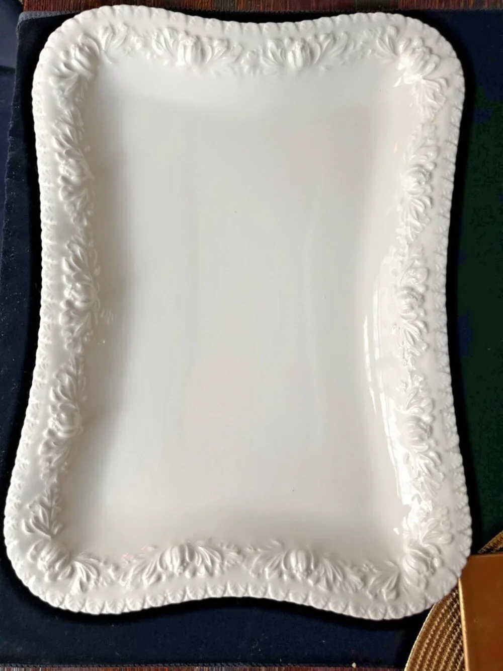 Vintage Italian White Ceramic Serving Platter 16x12 Rose Leaf Border Serveware